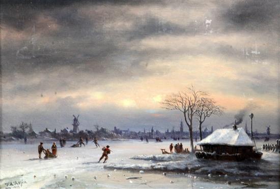 Felice Auguste Rezia (Italian fl. 1857-1907) Winter landscape with skaters 9.5 x 13.5in.